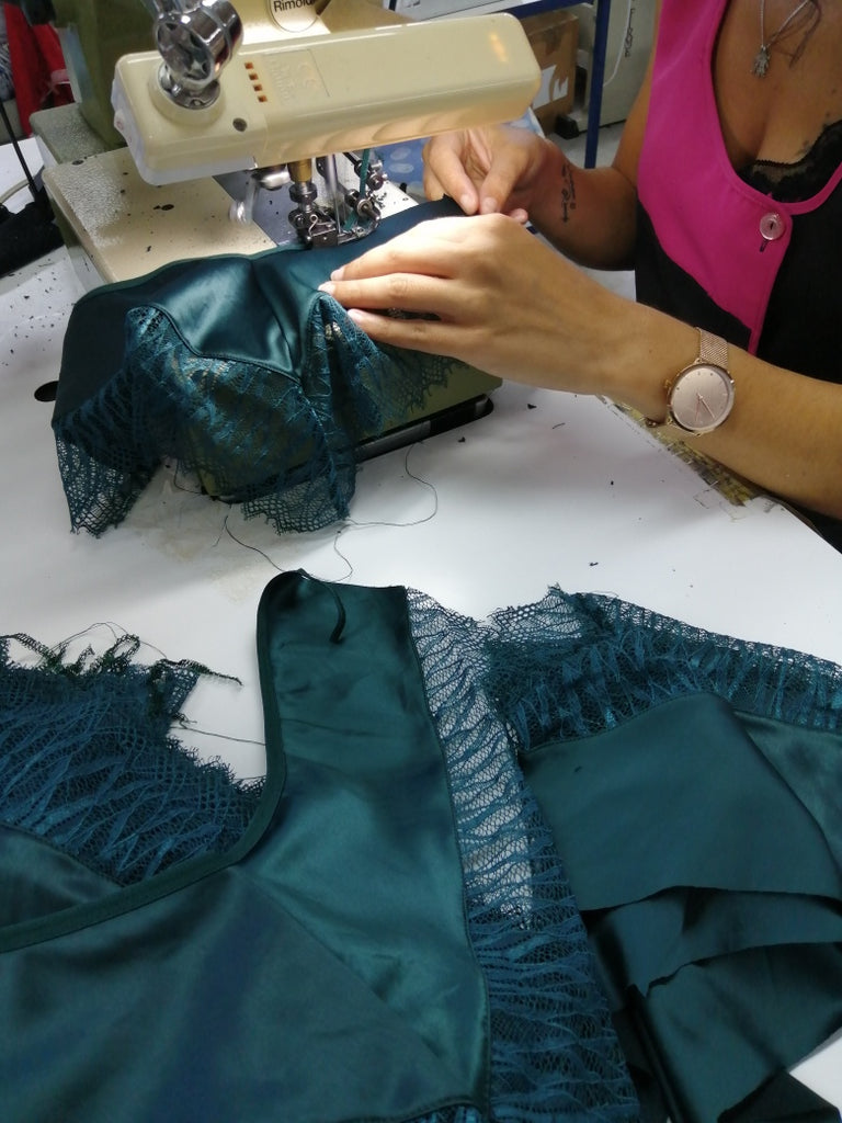 Lingerie, factory, production, lace lingerie, green lingerie, green body, clothes manufacturing